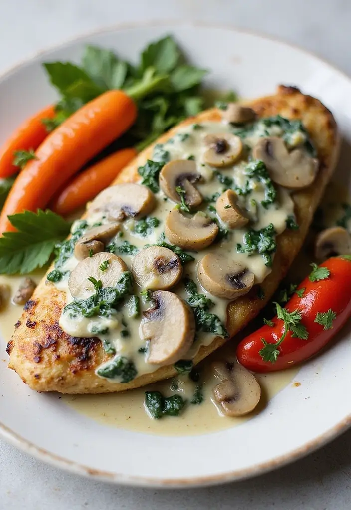 25 Gluten Free Low Carb Dinner Recipes You’ll Love - 19. Creamy Spinach and Mushroom Chicken