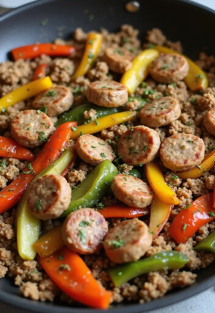 25 Ground Sausage Recipes for Healthy and Hearty Dinners - 24. Ground Sausage and Peppers Skillet