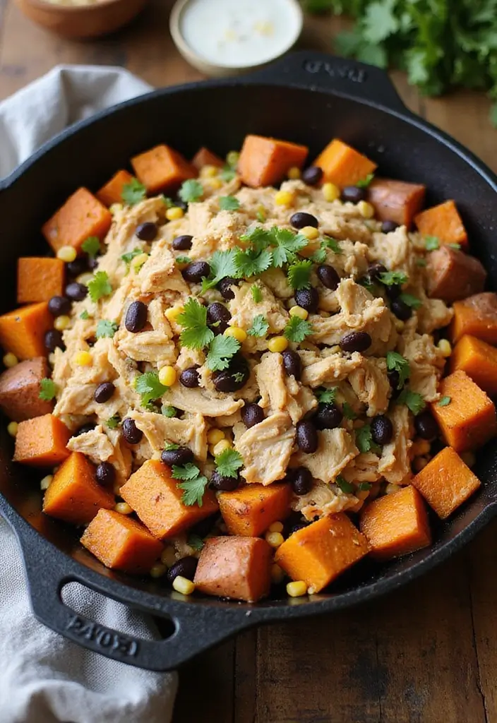 25 Healthy Dinner Recipes with Rotisserie Chicken Made Simple - 12. Chicken and Sweet Potato Skillet