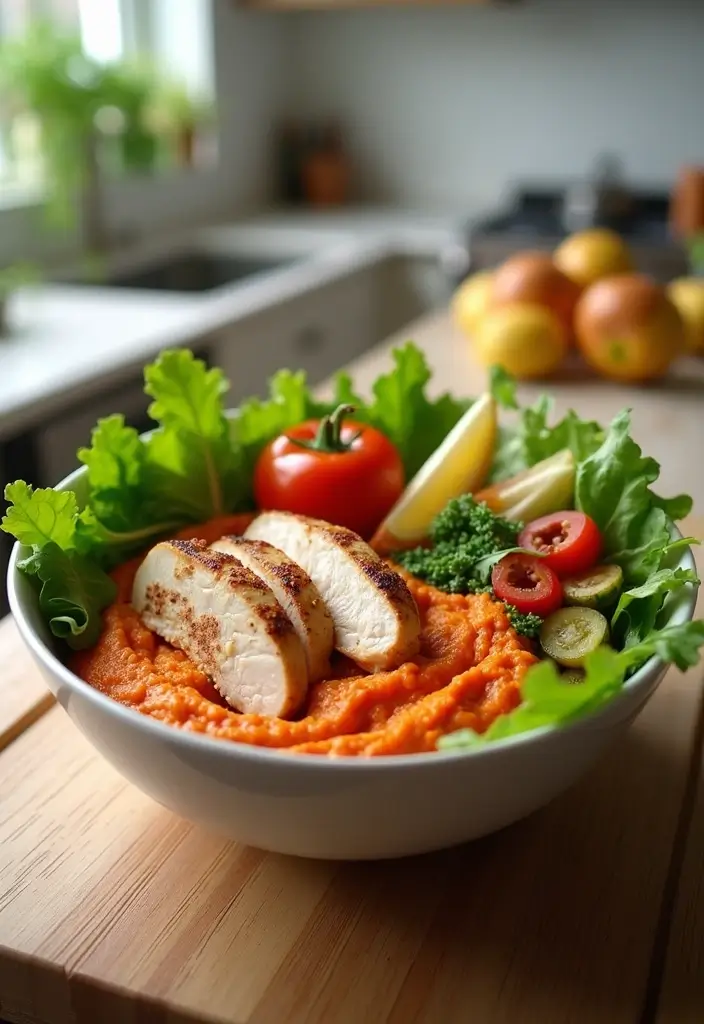 25 Healthy Low Carb High Protein Recipes for Easy Dinner - 18. Roasted Red Pepper Hummus Chicken Bowl