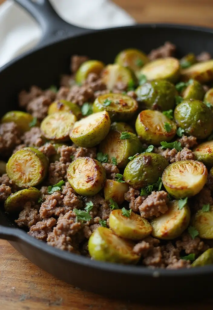 25 Low Carb Ground Beef Recipes for Simple Weeknight Dinners - 19. Ground Beef and Brussels Sprouts Skillet
