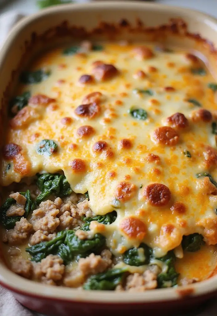 26 Ground Pork and Beef Recipes Perfect for Dinner - 18. Cheesy Ground Meat and Spinach Bake