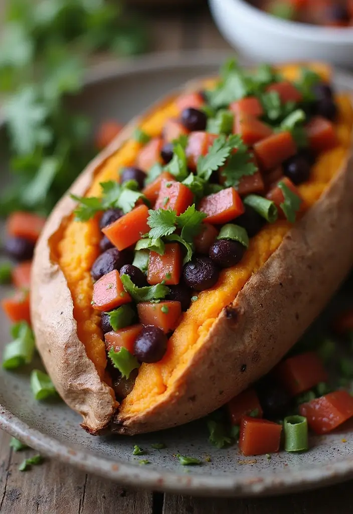 26 Quick Healthy Vegetarian Dinner Ideas for Busy Nights - 24. Baked Sweet Potato with Black Bean Salsa