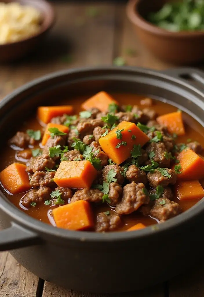27 Ground Beef Slow Cooker Dinner Recipes for Busy Nights - 13. Ground Beef and Sweet Potato Stew