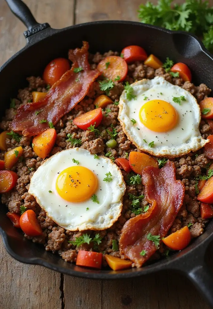 27 Ground Beef and Bacon Recipes That Make Dinner Fun - 11. Bacon and Beef Breakfast Skillet