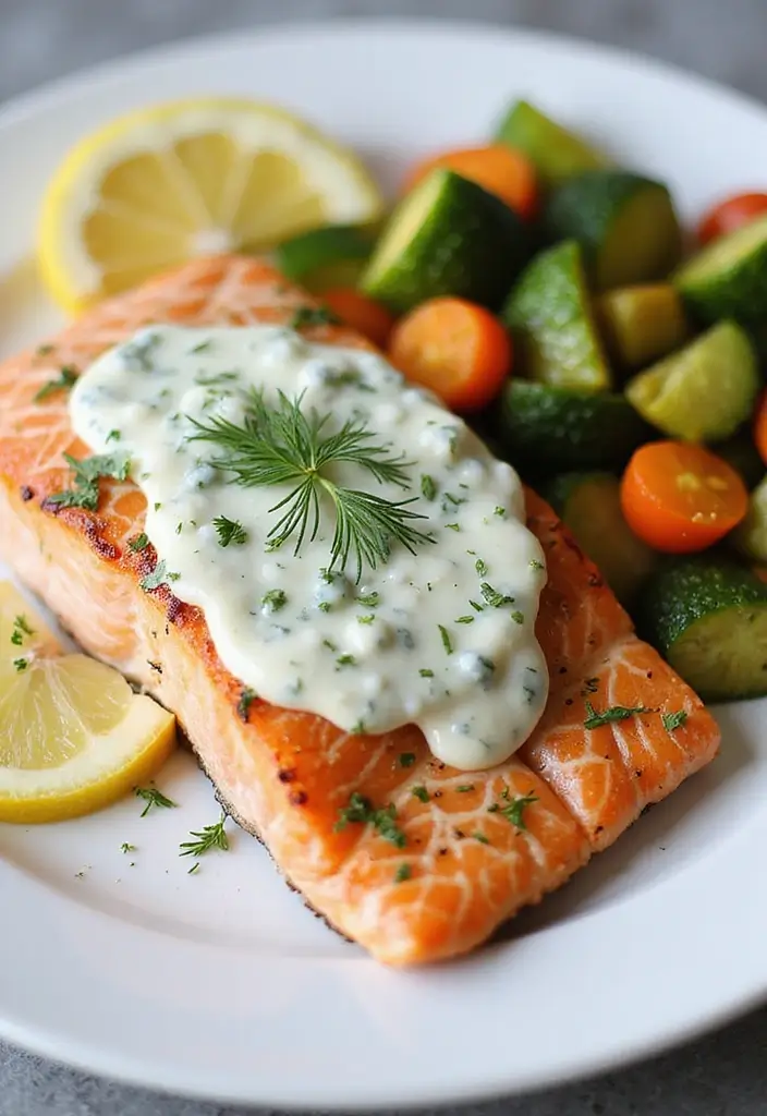27 Low Carb Dinner Recipes the Whole Family Can Enjoy - 13. Baked Salmon with Dill Sauce