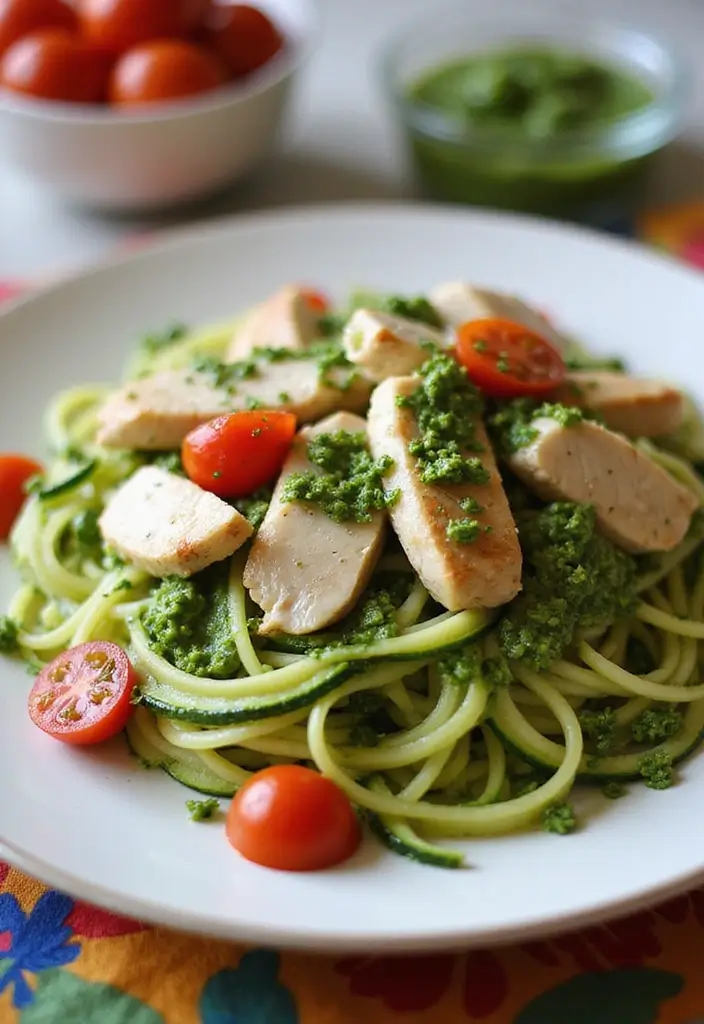 27 Low Carb Dinner Recipes the Whole Family Can Enjoy - 2. Zucchini Noodles with Pesto Chicken