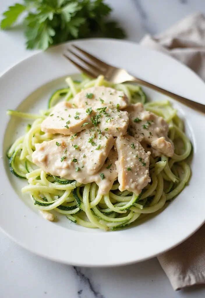 27 Low Carb Dinner Recipes the Whole Family Can Enjoy - 26. Chicken Alfredo with Zucchini Noodles