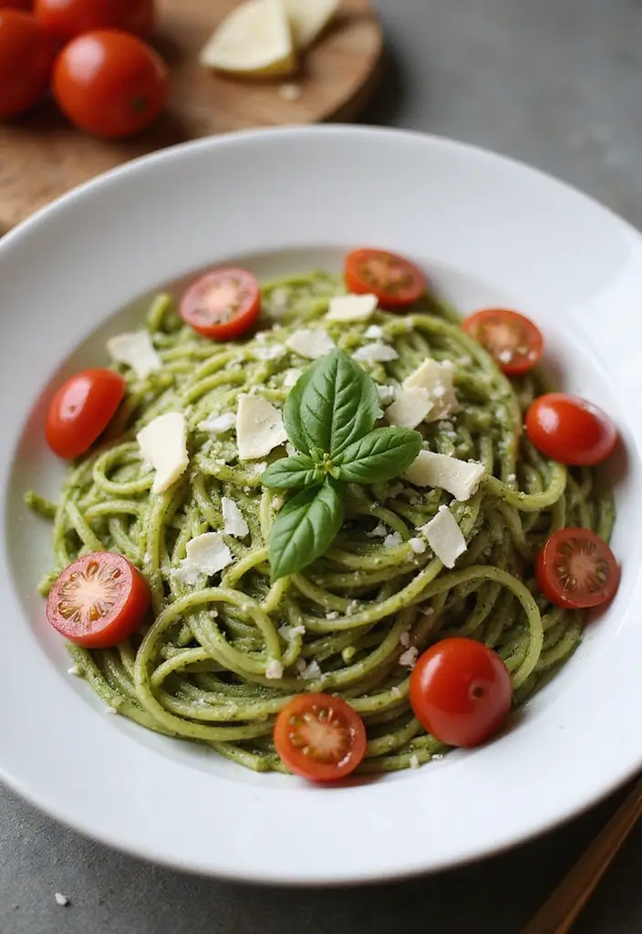 28 Easy Cheap Dinner Recipes for Two on a Budget - 10. Pesto Pasta with Cherry Tomatoes