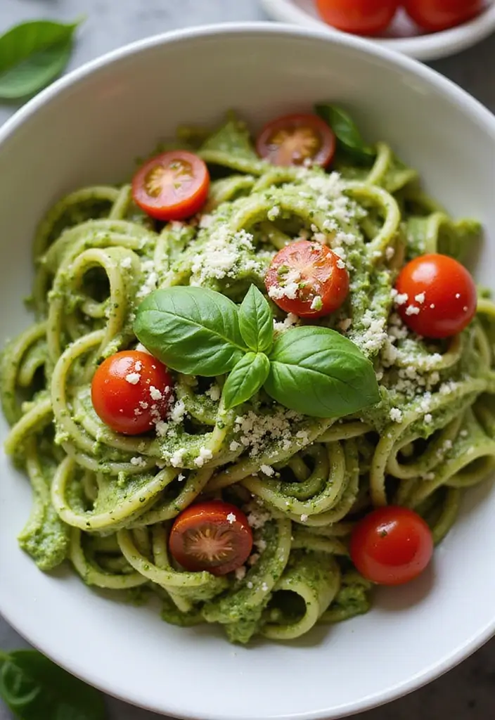 28 Healthy Dinner Recipes for Two That Are Quick and Easy - 7. Pesto Pasta with Cherry Tomatoes
