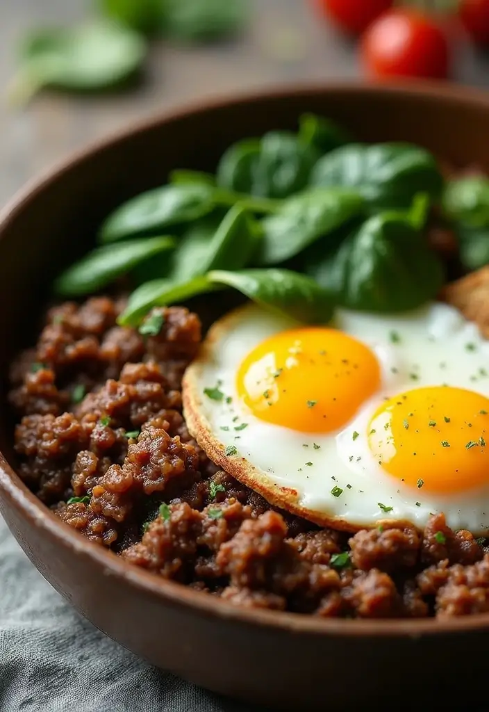 30 Easy 3 Ingredient Ground Beef Dinner Recipes - 23. Beef and Egg Breakfast Bowl